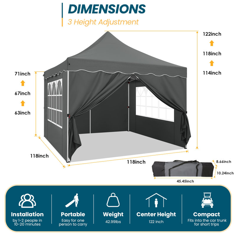 10x10 Pop Up Canopy Tent for Parties with 4 Removable Sidewalls 4 Sandbags, 4 Ropes, 4 Stakes & Wavy Edge, One Person EZ Setup