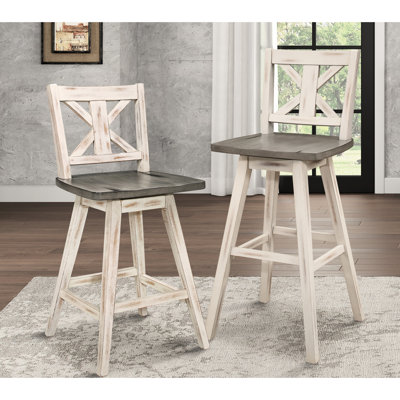2pcs Distressed Gray And White Pub Height Swivel Chairs, Solid Wood For Dining Room Decoration Chairs Of 2, In With 360-degree Area