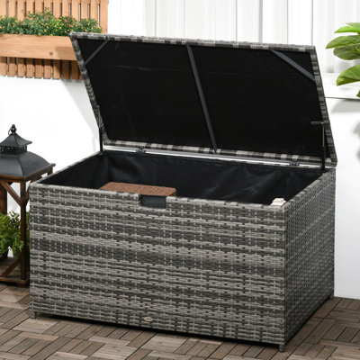 Dark Gray Deck Box, 113 Gallon. Outdoor Container. Waterproof. Keeps Pool Supplies, Garden Tools Organized Gallon Storage Deck. Gray, Stores Tools, Supplies.