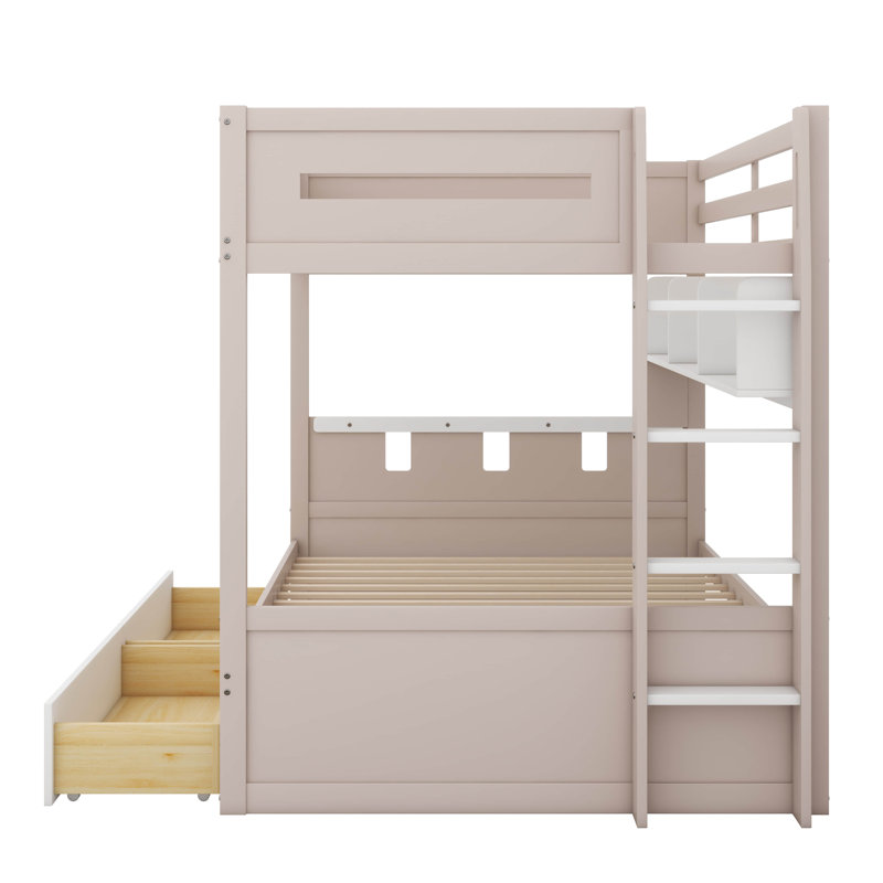 Lit superposé de style château avec 2 tiroirs de rangement, structure de lit superposé en bois avec tablette ouverte et DEL