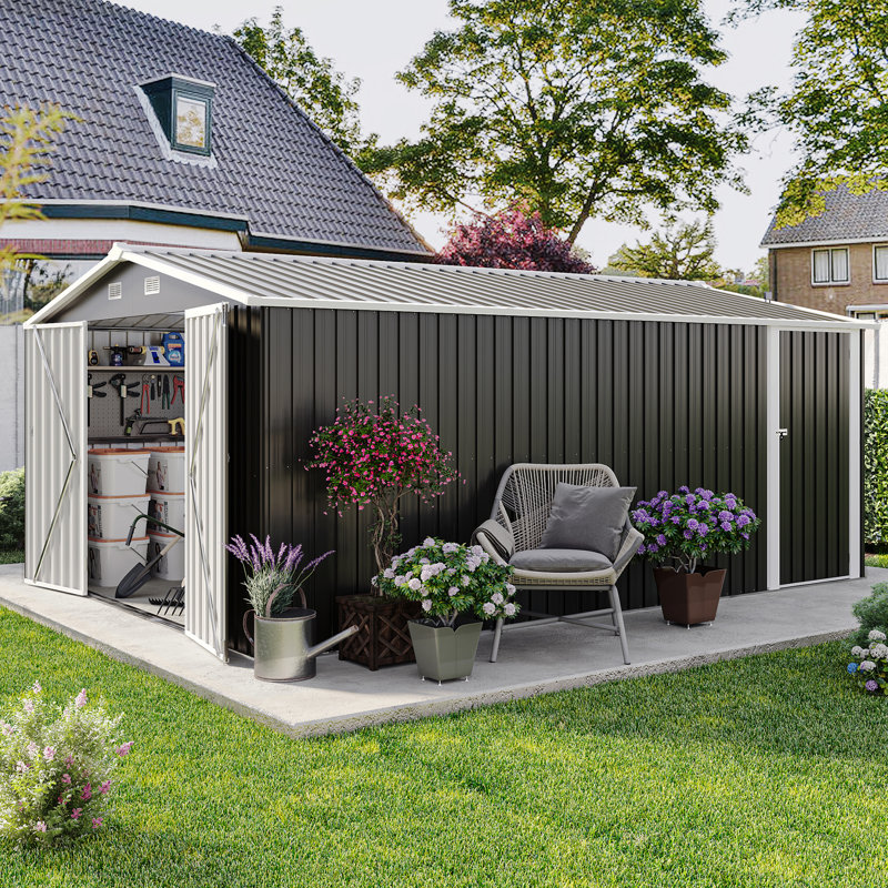 Remise de rangement extérieure en métal 10 pi x 14 pi, remise à outils utilitaire avec 3 portes verrouillables, toit incliné et évents pour la cour, le patio et la pelouse