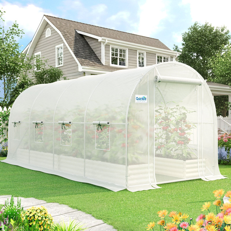 Grande serre chaude portative pour plantes 14,7 x 6,5 x 6,5 pi avec 8 fenêtres en filet Quictent Greenhouse, White