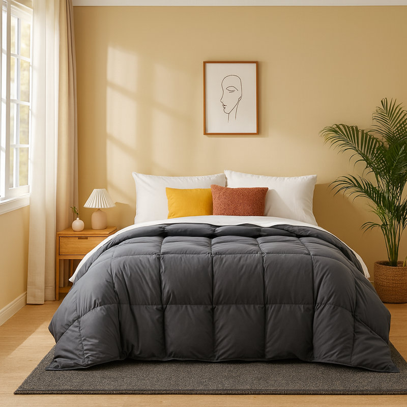Lightweight Down Blend Comforter with Goose Feather Fiber Fill – Machine Washable Soft Breathable All Season Duvet Insert, Dark Gray