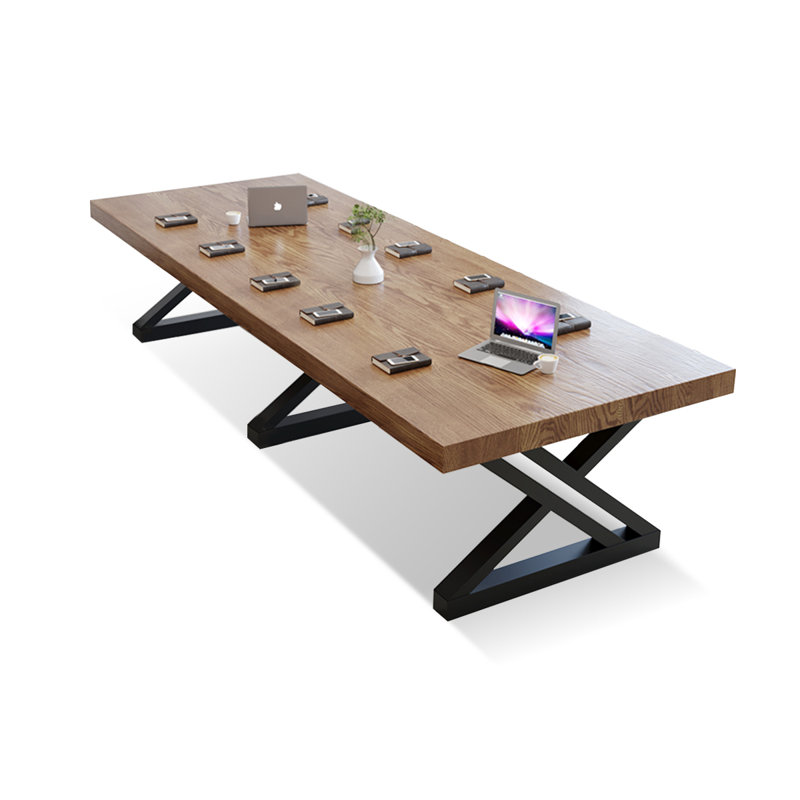 Table de conférence rectangulaire en bois massif brun et noisette + fer, H 29,53 po x L 102,36 po x l 39,37 po
