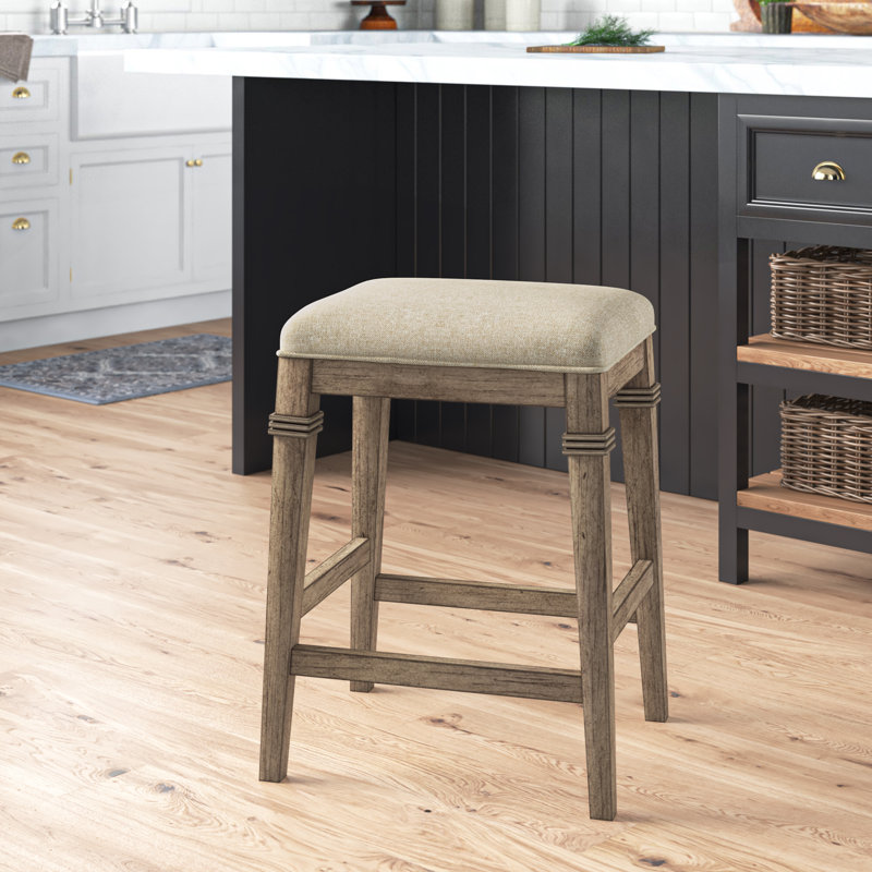 Arasch Wood Backless Counter Height Stool, Distressed Gray/Ecru Linen