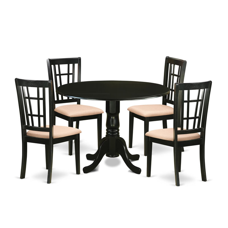 Ensemble de table de salle à manger 5 pièces moderne comprenant une table ronde en bois avec Dropleaf et 4 chaises de cuisine en tissu de lin, 42 x 42 pouces, noir