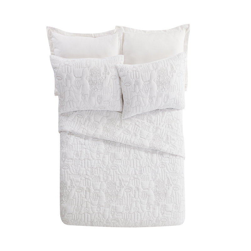 Ensemble de courtepointe 3 pièces Hamsa, Courtepointe grand + 2 couvre-oreillers standard, Blanc