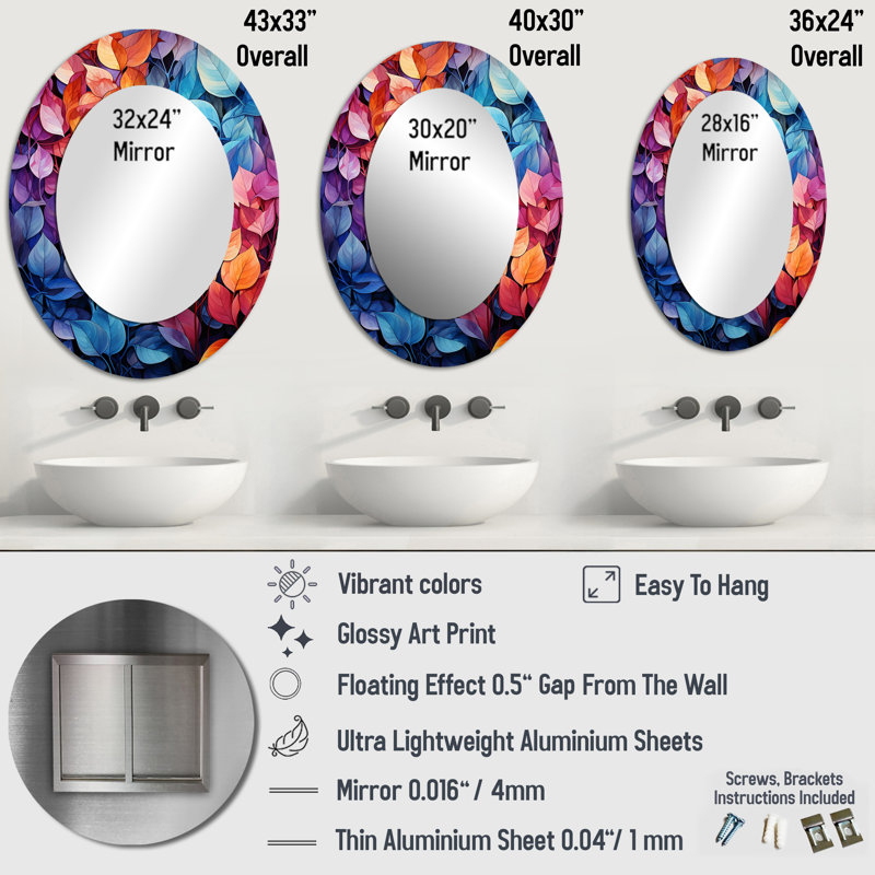 Coloré feuille de rêve - miroir mural ovale multicolore, 36 po x 24 po