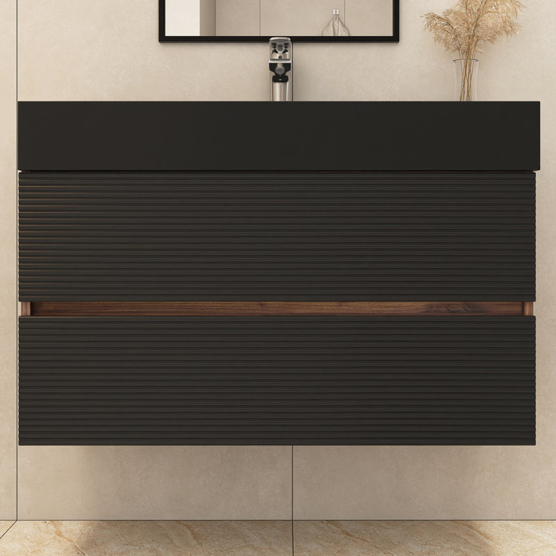 Meuble-lavabo mural simple 36 po avec comptoir en quartz 36 po, Noir/noyer, 36"
