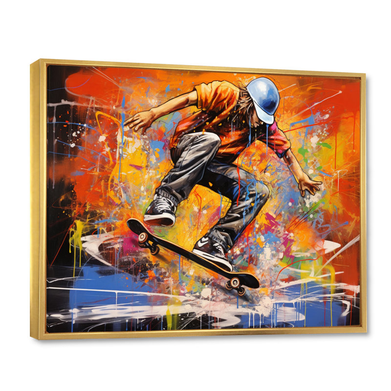 Skateboard Street, impression sur toile I, Cadre flottant doré, H 30 po x l 40 po x P 1,5 po