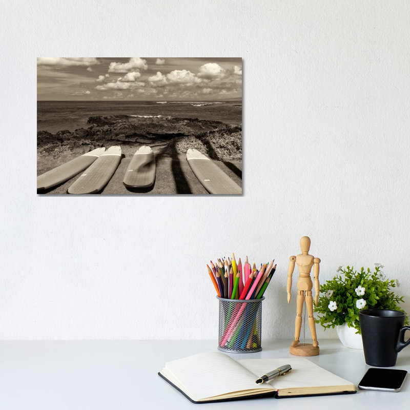 Surf Boards And Ocean by Dennis Frates - Gallery-Wrapped Canvas Giclée on Canvas, No Frame, 20.32 cm H x 30.48 cm W