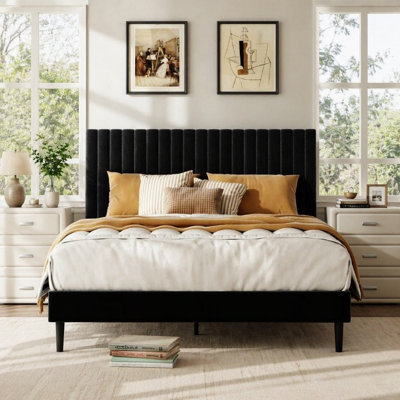 Queen Size Bed frame, Velvet Upholstered Platform Bed with Height-Adjustable Headboard, Sturdy Frame and Alats, Quiet Design, No-Spring Mattress Compatible, Easy to Assemble