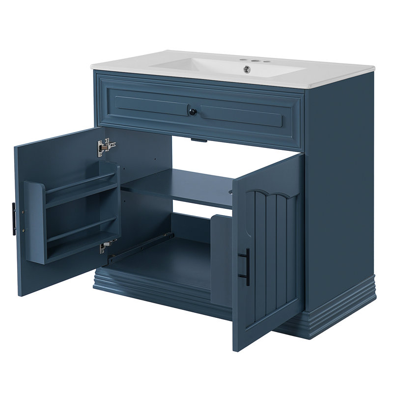 Meuble-lavabo de luxe 36 po avec lavabo en céramique, meuble-lavabo avec 2 grandes portes à fermeture douce et meuble de rangement en bois massif