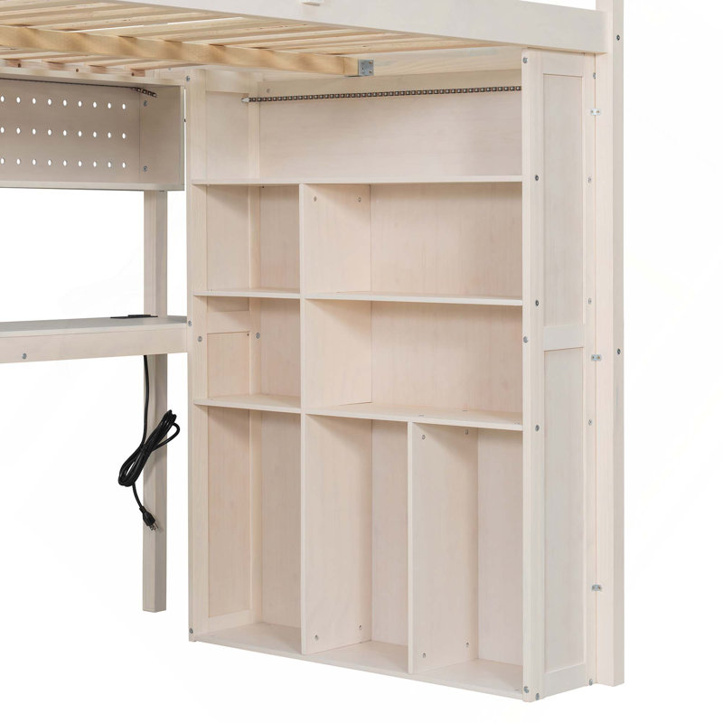 Structure de lit double mezzanine compacte avec garde-robe intégrée, bureau d'étude, tablettes de rangement et lumières