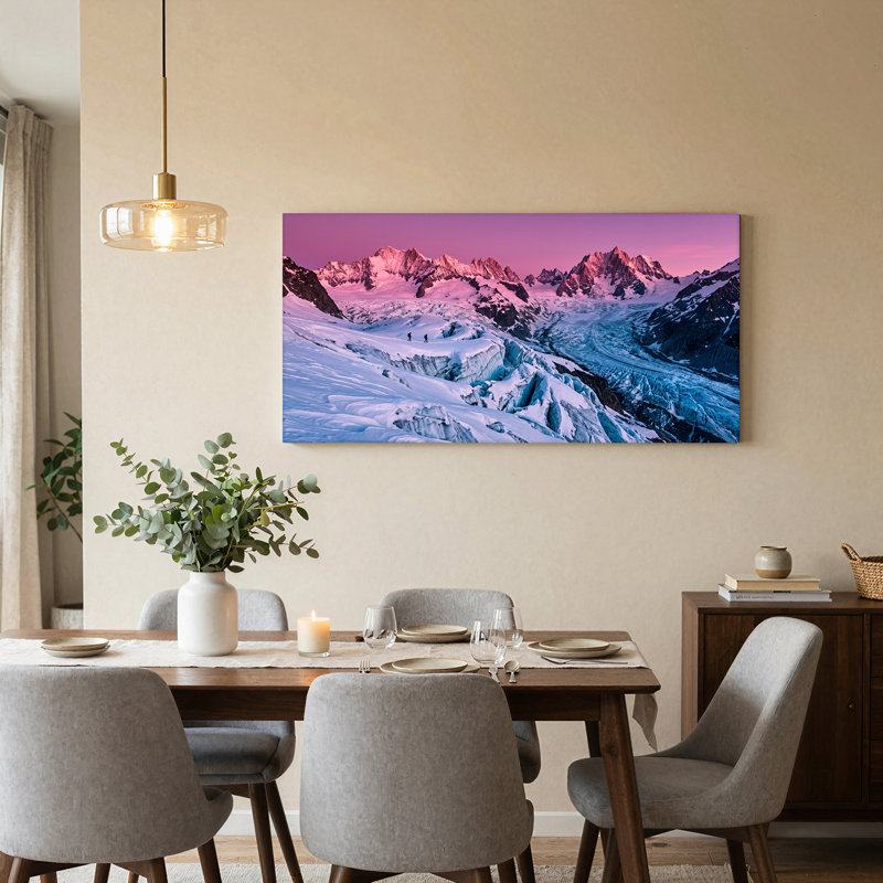 «Snowy Mountain Peaks and Blue Glaciers Under Pink Sky», art mural sur toile, 40“W x 20”H