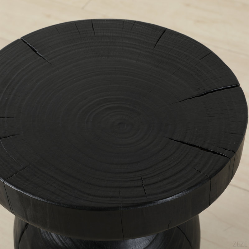 Solid Mango Wood Side End Table, 12.4*17.7   Inch Round Contemporary Wooden Accent Table, Small Round Plant Stand, Burnt Vintage Cracked End Table For The Living Room And Bedroom