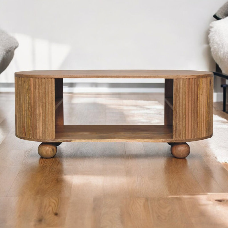 Solid Wood Soba Ball Coffee Table, Open Storage, Light Brown, Table
