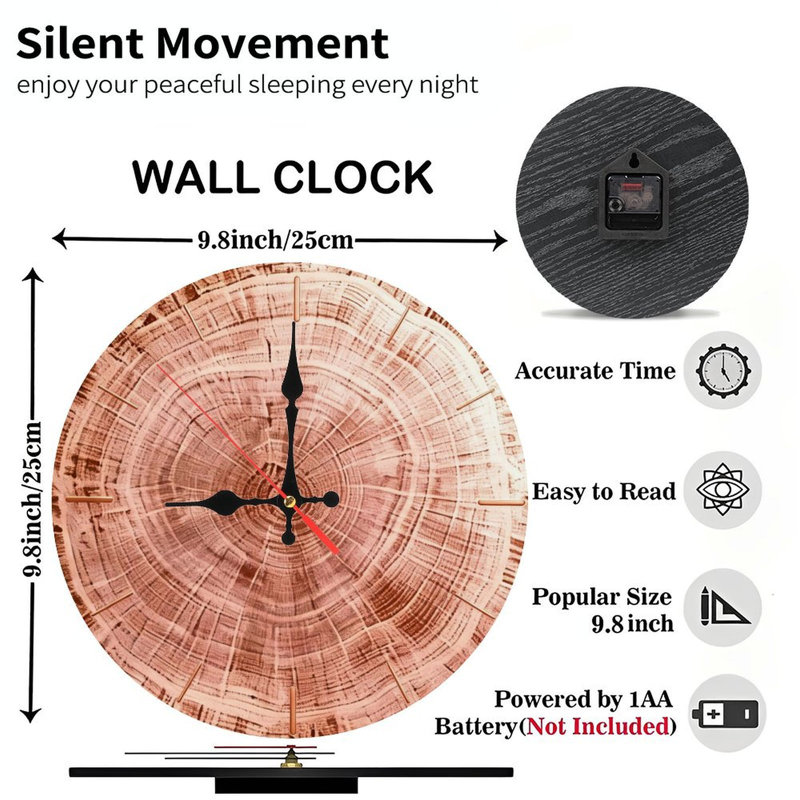 Horloge murale ronde en bois 10 po, mouvement à quartz silencieux, imprimé UV, à piles, Or rose