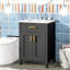 Meuble-lavabo 24 po avec lavabo en céramique - Meuble-lavabo moderne. Bois massif et fabrication. Armoire noire. Poignées dorées. 2 portes à fermeture en douceur. +-1978426824-1978426829