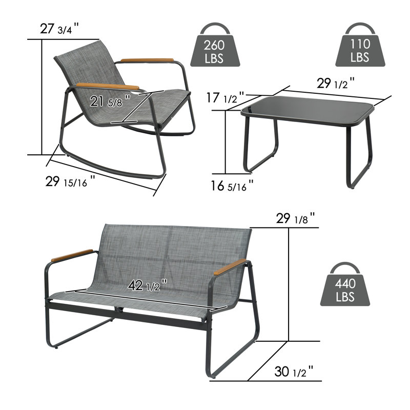 Kozyard 4-Piece Outdoor Patio Furniture Set with Textilene Chairs, Metal Conversation Set, Tempered Glass Coffee Table, Powder-Coated Steel Frame for Garden, Poolside, Backyard Gray