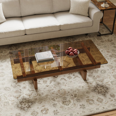 Table basse de 47 po avec plateau en verre trempé et base en bois d'hévéa massif, canapé rectangulaire de style Mid-Century pour le salon, ambre