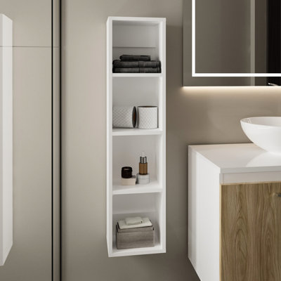 Armoire haute murale de 40 po, 4 tablettes ouvertes, peu encombrante, bois d'ingénierie, blanc, style moderne pour les essentiels de salle de bain et les serviettes