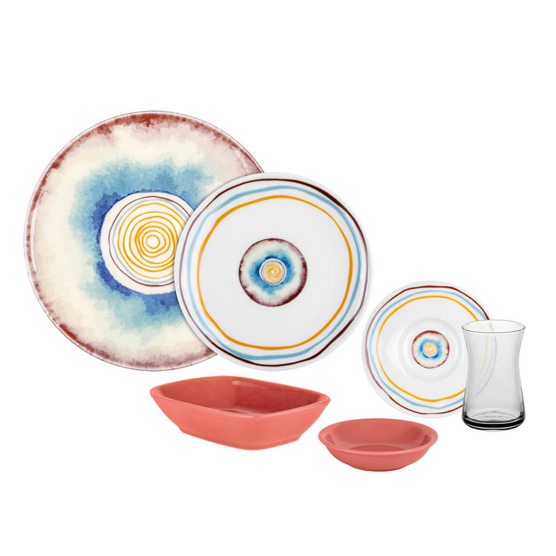 Ensemble de petit déjeuner (25 pièces), Géométrique, Bleu / blanc