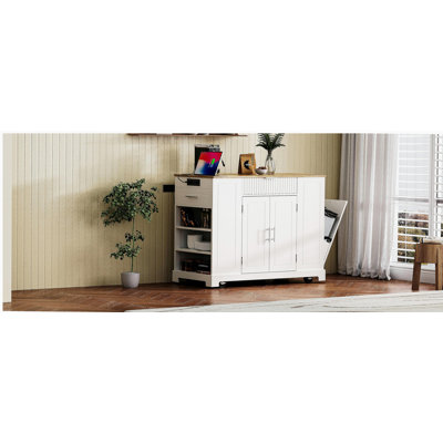 Îlot de cuisine ondulé avec armoire de rangement, prises de courant, tablettes intérieures, îlot de cuisine à 5 roulettes, 3 tiroirs, 3 tablettes latérales ouvertes, pour poubelle de 10 gallons, blanc