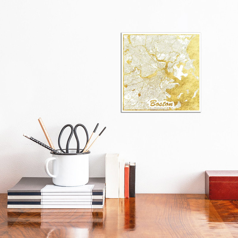 Boston Gold Leaf Urban Blueprint Map 1 Piece Wrapped Canvas Wall Art, 30.48 cm H x 30.48 cm W