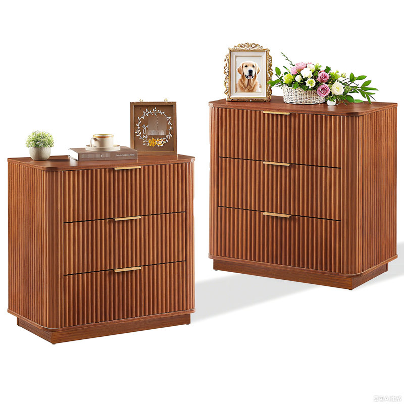 Commode 2 pièces 3 tiroirs, commode moderne en noyer de 27,6 po de large avec vague incurvée, buffet de salon, commode en bois à surface imperméable, couloir de commode et rangement d'entrée
