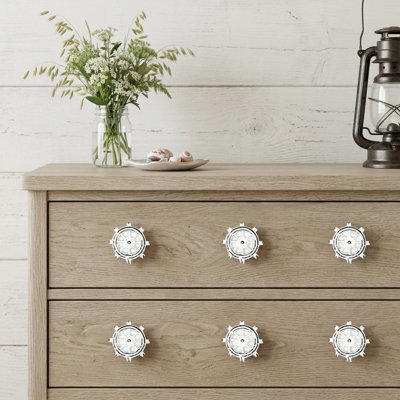 Set of Six Rustic White Iron Captains Wheel Drawer Pull Knobs