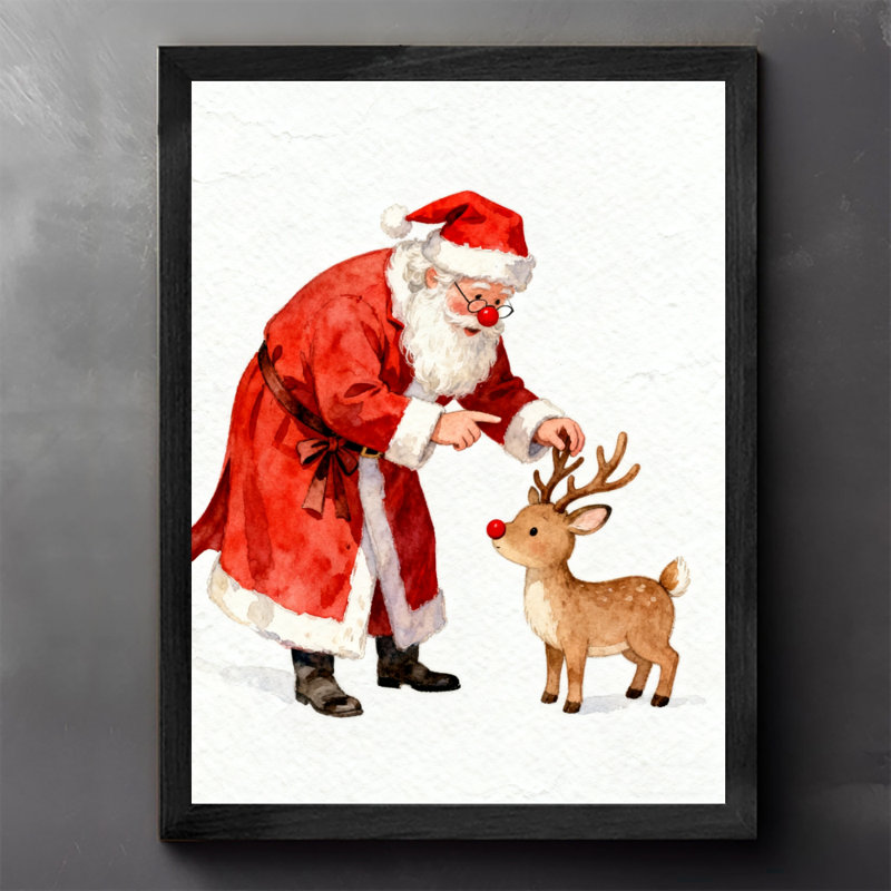 Père Noël noir encadré noir avec renne, impressions sur toile de style rétro, H 11 po x l 9 po
