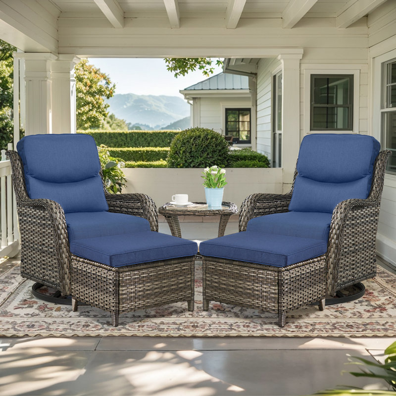 Koba 5-Piece Outdoor Conversation Set – Swivel Rocking Chairs with Ottomans & Side Table, Gray, Blue