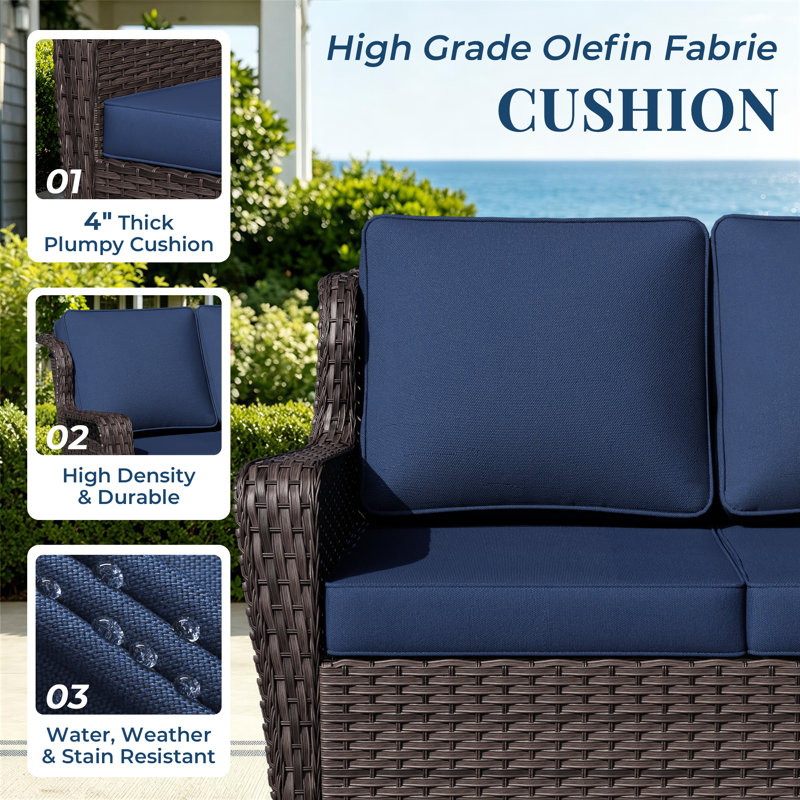 3-Piece Patio PE Wicker Outdoor Conversation Set with 3-seat sofa, 2 Ottomans & Blue Cushions, Blue
