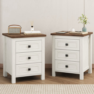 Valera 18"W Nightstand with Charging Station and Outlets, Farmhouse End Table with 3 Drawers