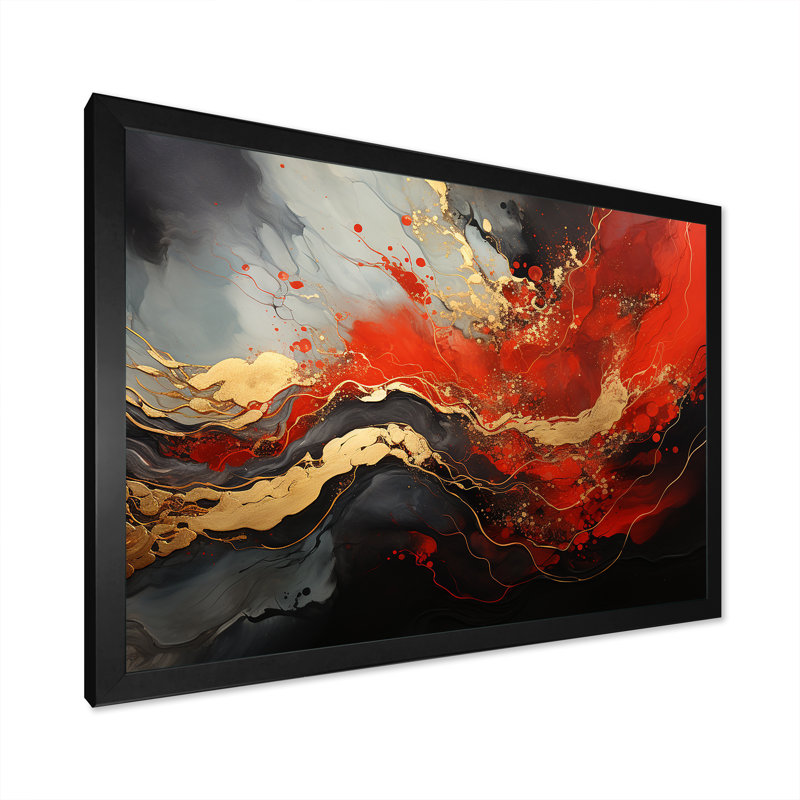 Rouge et feu de marbre doré I - art abstrait sur toile, Cadre d'angle fermé noir, H 12 po x l 20 po x P 1 po