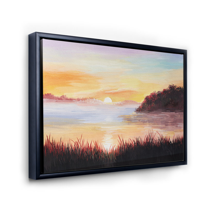 Sur le lac avec les roseaux - Peinture sur toile, H 30 po x l 40 po x 1,5 po, Cadre flottant noir