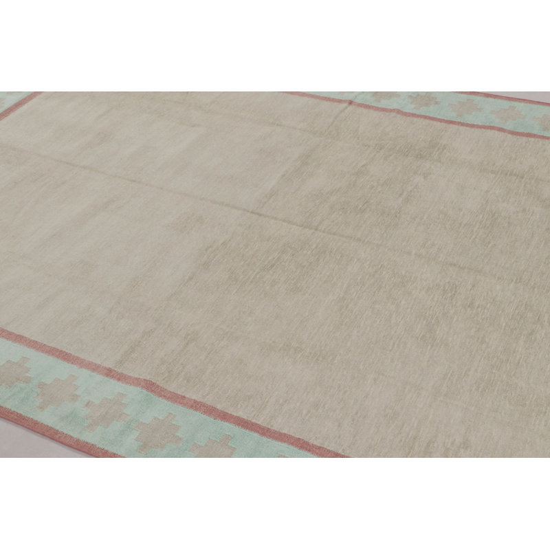 Rug & Kilim’S Contemporary Dhurrie Rug In Beige With Light Blue And Rose Border