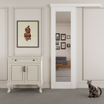 80" Hidden Style Track White Primed 1-Lite Glass Mirrored Sliding Barn Door With Hardware Kit with Soft Close(No Assembly Required)