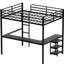 Lit mezzanine double avec bureau et tablettes ouvertes, structure en métal robuste, barrières de sécurité en hauteur pour les adolescents en forme de L