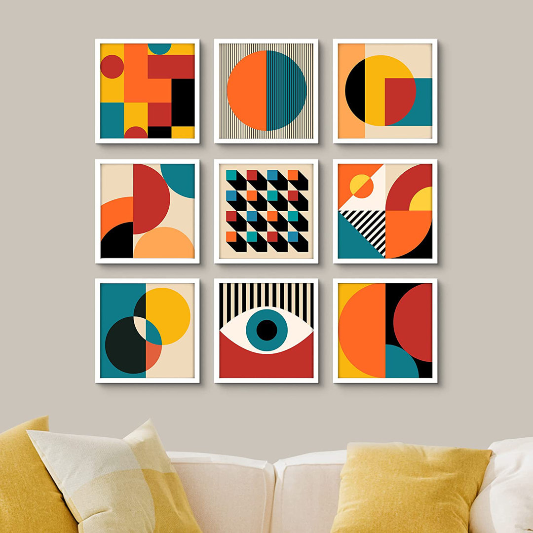 Mid-Century Modern 1960s Multicolor Geometric Abstract Shapes Boho Art Framed Plastic 9 Piece Print SIGNLEADER 