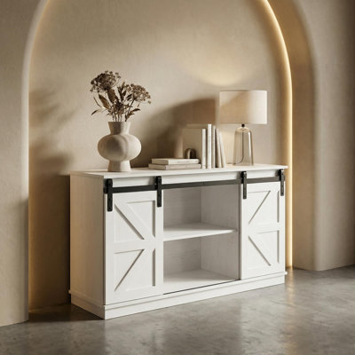 Armoire de rangement 58 po avec portes de grange coulissantes - Organisateur de patio pour outils, coussins et fournitures, brun naturel