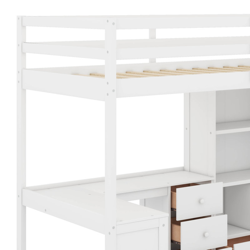 Lit mezzanine simple avec bureau et tiroirs, Blanc