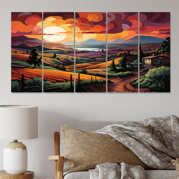 DesignArt Vineyard Sunset Rows Of Ruby Landscape III On Metal 5 Pieces ...