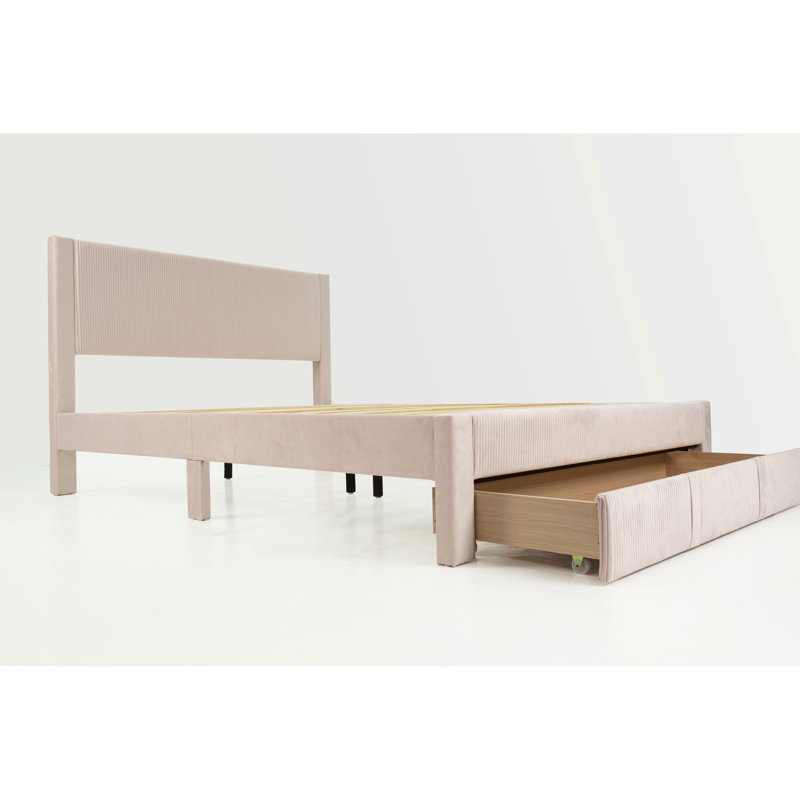 Grand lit avec velours côtelé rose, style contemporain, structure en bois massif et espace de rangement sous le comptoir, conception douce et réfléchie, sans sommier, espace