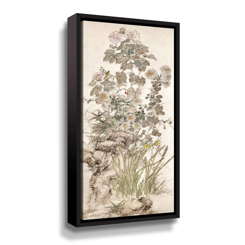 Chinoiserie, cinq - peinture sur toile, Cadre noir, H 12 po x l 6 po x P 2 po
