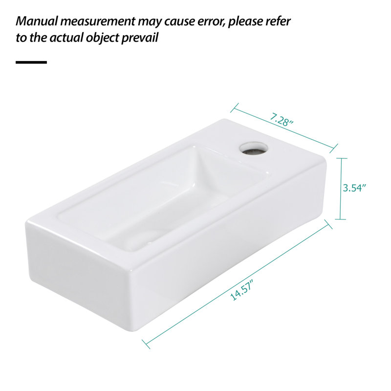 14.57x7.28 Inch White Ceramic Rectangle Wall Mount Bathroom Sink with Single Faucet Hole