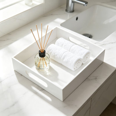 Plateau en acrylique blanc avec poignées, plateau de rangement de comptoir de 8 x 8 pouces pour cuisine, salle de bain, bureau, boîte de rangement pour cosmétiques, bijoux, articles de toilette, jouets, gadgets, blanc brillant