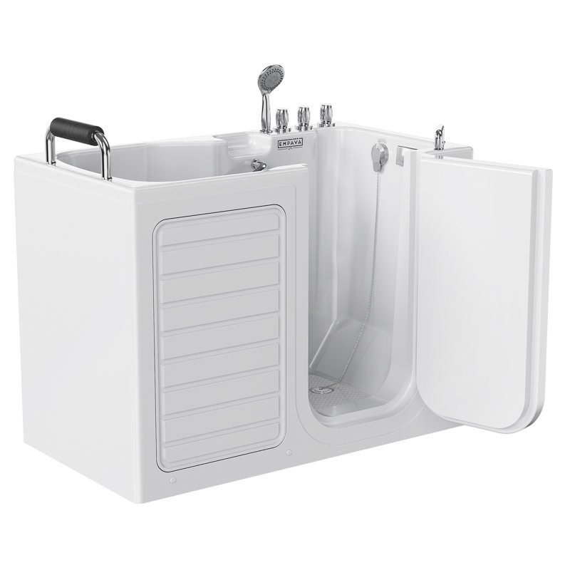 Empava White Acrylic Walk-In Soaking Bathtub with Handrails