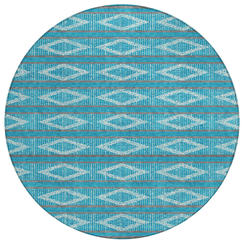 Tapis intérieur / extérieur rond 8 pi bleu / gris / ivoire